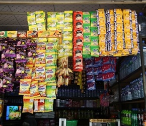 Columns of sachets at the local shop