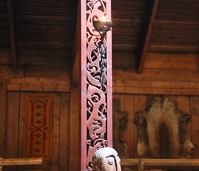 Carved post Inside Long House at Lofotr Museum