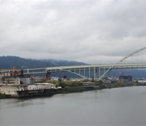 The Interstate 405 bridge over the Williamette River. Flowing northward between the Oregon Coast Range and the Cascade Range