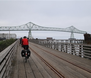 Dianne minding the railway tracks and the Astoria Bridge in sight