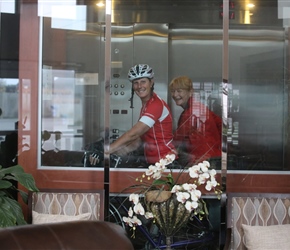 Pip and Dianne take the lift down with their bikes at the Garibaldi Inn