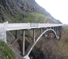 Quite some infrastructure keeping the coast road open, here Linda crosses the bridge to Cape Perpetua