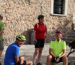 Paul, Christine and Gary waiting to leave Lluc Monestary