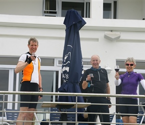 Tim Lloyd, Steve and Shery Cormack toast our arrival at Arniston Hotel