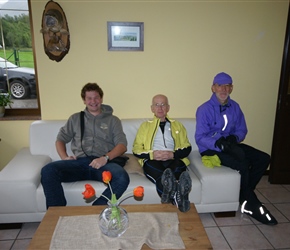 Peter, Phil and Barney relax before the ride at Pension Jazbec. Peter transferred our luggage from A to B