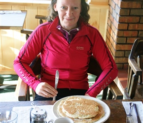 Helen Dutton with enormous pancakes for breakfast at Monarch Mountain Lodge