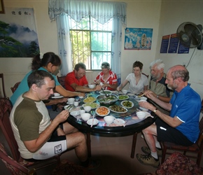 Eating lunch, note the fresh produce, cooked specially for us