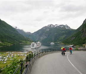 John, Linda and Alan climbing towards the Union Hotel in Geiranger. One of the many cruise liners lie in the fjord