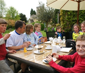 Edward, James, Kate, Louise, Jacob, Siobhan, Sarah and Louise take tea at Bibury Manor