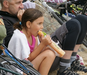 Abbie lunching at Quinnerville. There were an awful lot of baguettes eaten on these holidays