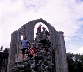 Mica, James, Louise and Ieuan on the wall at Fountains Abbey