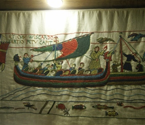 The temporary exhibition of a tapestry based on Bayeaux at Château fort de Pirou