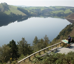 Viewpoint of the Clywedog Reservoir. It's a hard climb to this point (and a fast descent to the dam. The viewpoint has explanation boards