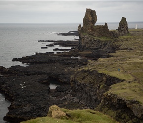 A volcanic remnant dominates the sea in Lóndrangar. Here a boardwalk had been laid enabling you to walk to the cliff edge