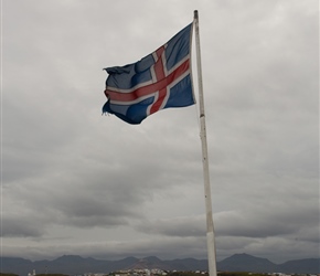 The Icelandic flag flutters on the ferry as we left Stykkishólmur, bound for the Western Fjords