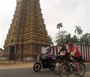 Sharon and Linda Mike pass Nallur Kandaswamy Kovil, an ancient Hindu temple dedicated to Lord Murugan