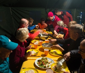 First nights evening meal, served in the main tent. Fish, chips, rice, salad and noodles, yes triple carbs