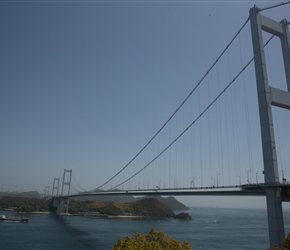 Kurushima Kaikyo Bridge. This was the first bridge we were to cross. Series of 3 connected suspension bridges, over 4km long, spanning the Kurushima Strait
