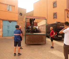 We transferred to Lakhsass, where the carefully packed bikes were unloaded from the lorry