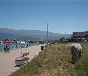 Christine starts along the promenade at Pogradec