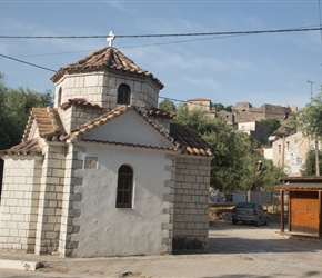 The old village of Himare up from the coast. Himare church and above it the castle